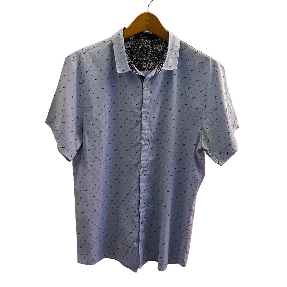 SSLR Men's Casual Light Blue Button Down Shirt With Pipes and Mustaches Size L